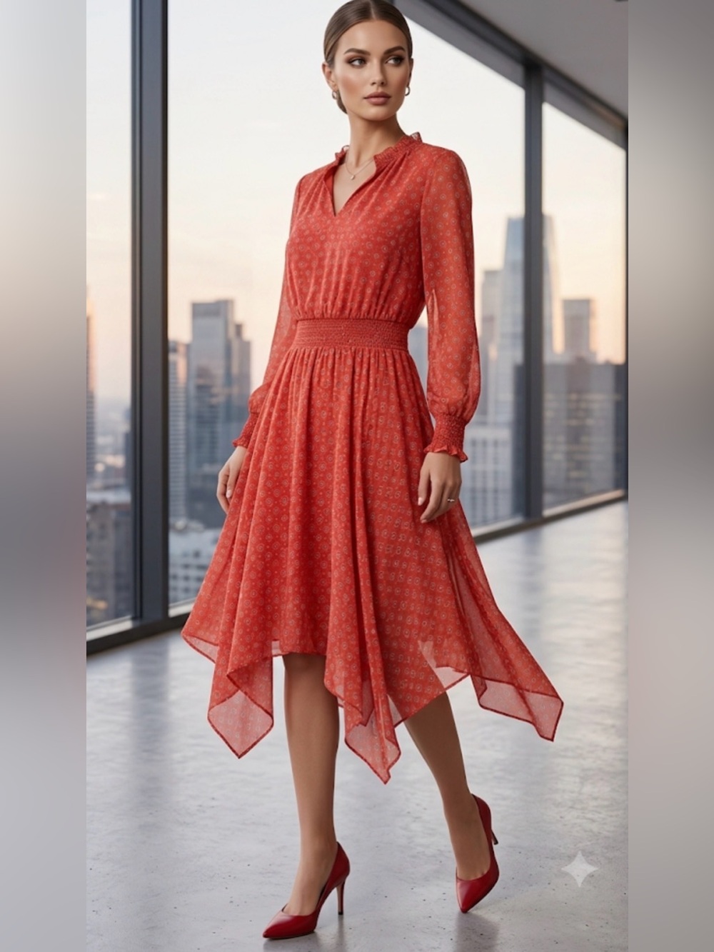 Time Tru Women's Handkerchief Hem Long Sleeve Dress
